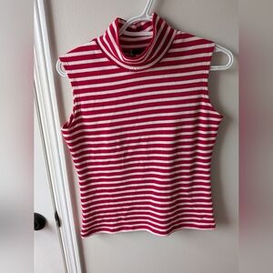 Apostrophe Red and White Striped Sleeveless Turtleneck Top